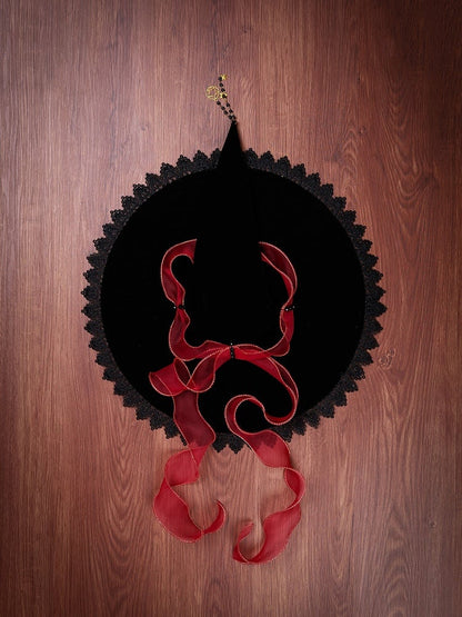 Red Ribbon Bow Christmas Fancy Witch Hat with Optional Shiny Veil and Stars Chain
