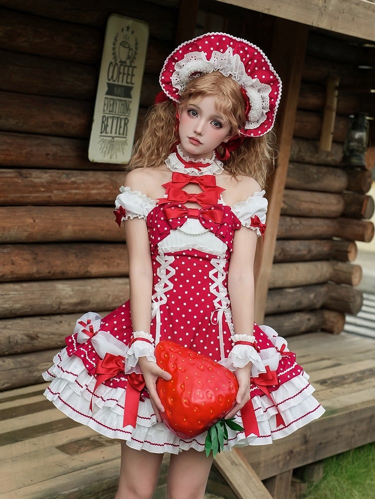 and Puff Dress Dot Sleeves School Polka Lolita Neck with Old Red Accents Halter Bow