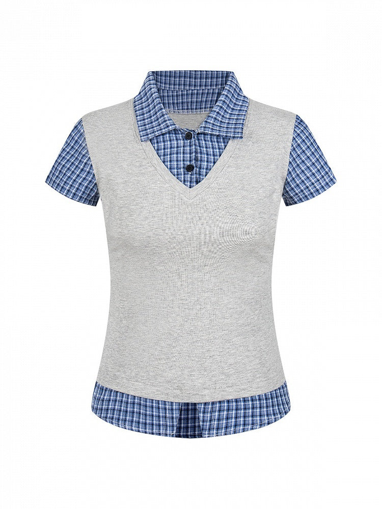 Gray Plaid Two-Piece Short Sleeve Top - Languid Park