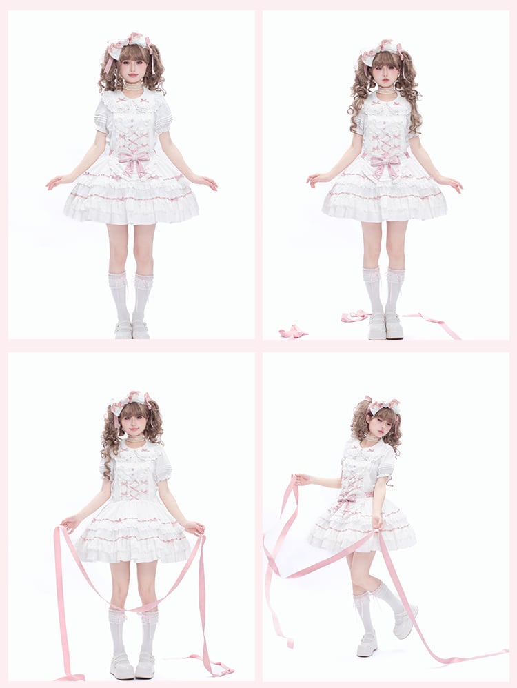 Decorated Self-tie Bow Sweet Lolita White Heart Apron and Pink
