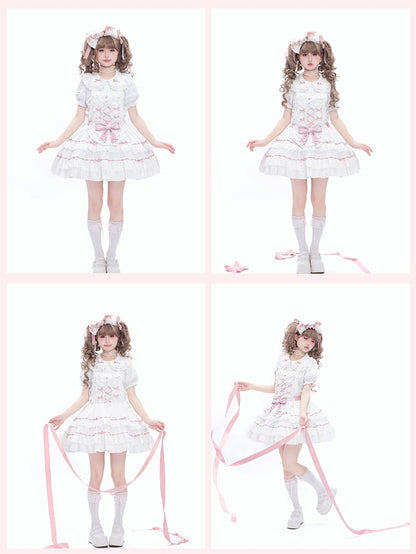 Decorated Self-tie Bow Sweet Lolita White Heart Apron and Pink