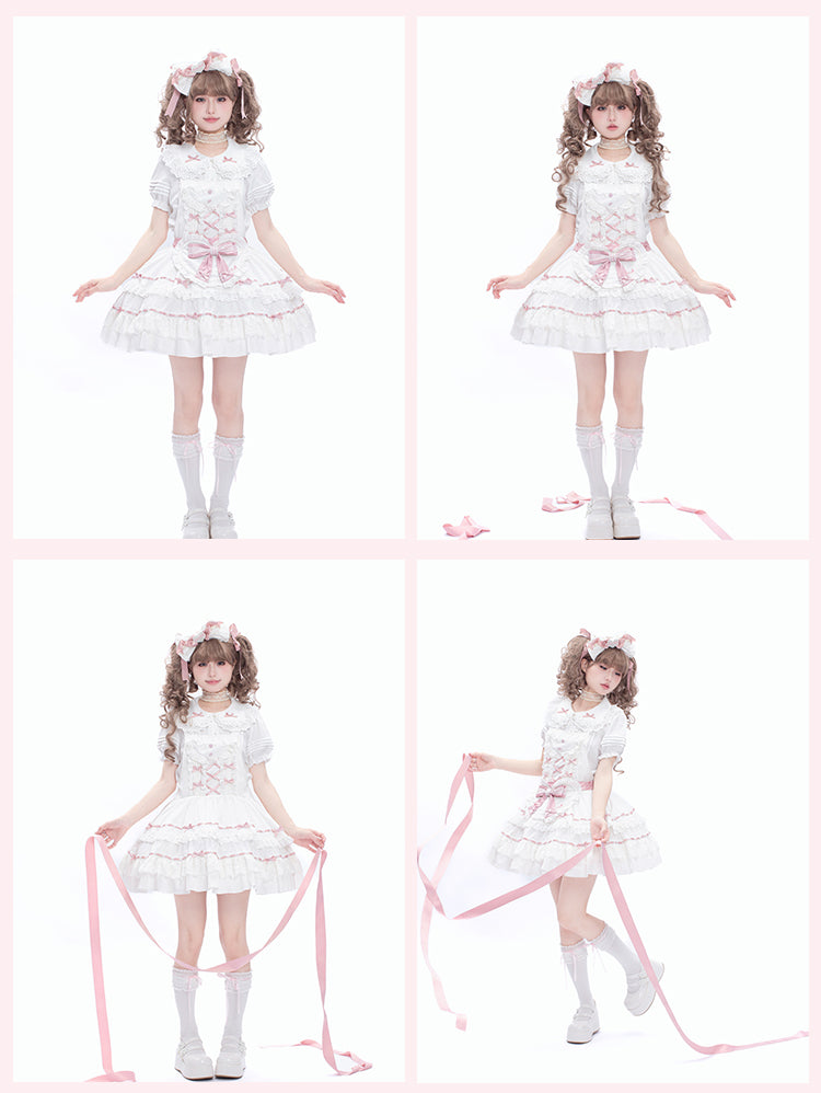 Self-tie and Sweet Decorated Lolita Apron Heart Pink White Bow