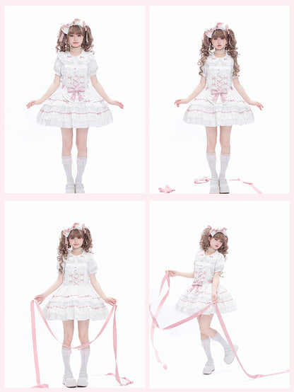 Self-tie and Sweet Decorated Lolita Apron Heart Pink White Bow