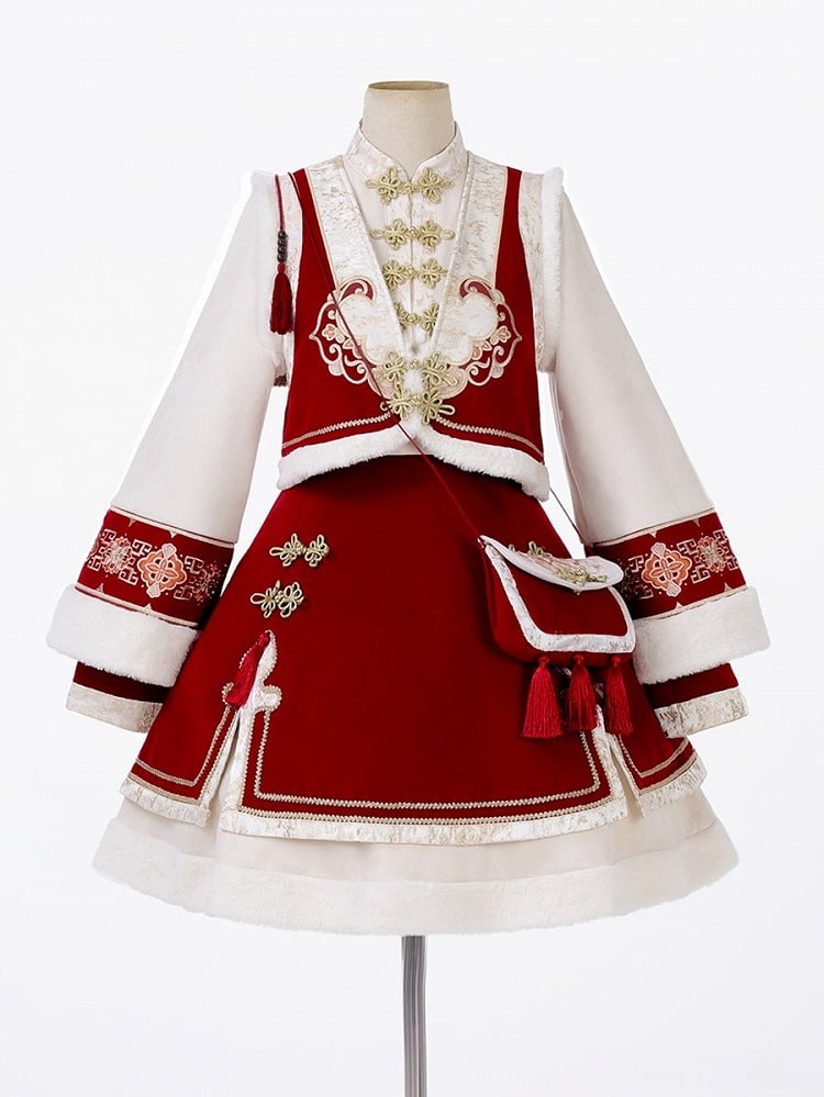 赤い新年の結び目ボタンのバンドカラーのロリータドレスベストタッセルクロスボディバッグフルセット