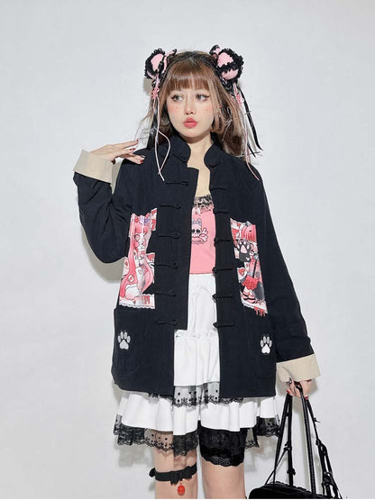 Black Cartoon Anime Banded Collar Oversized Top