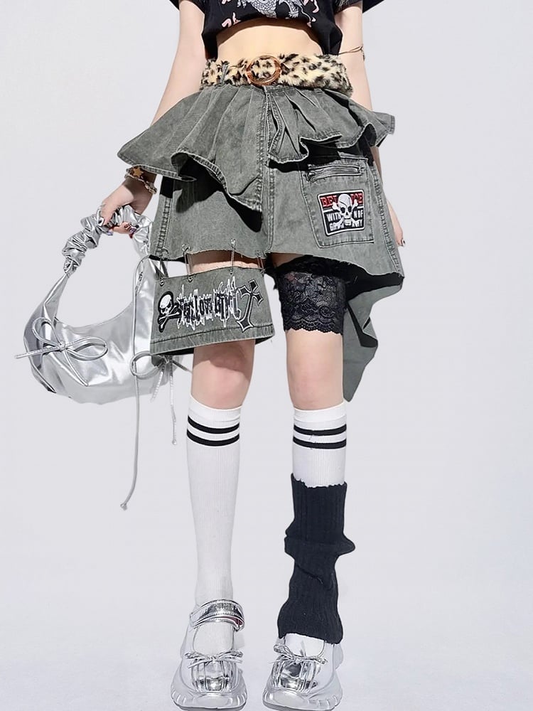 Asymmetrical Skeleton Graphics Cross Skirt Gray Denim and with