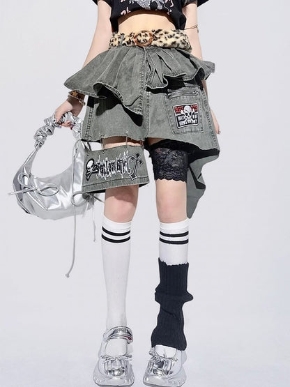 Asymmetrical Skeleton Graphics Cross Skirt Gray Denim and with