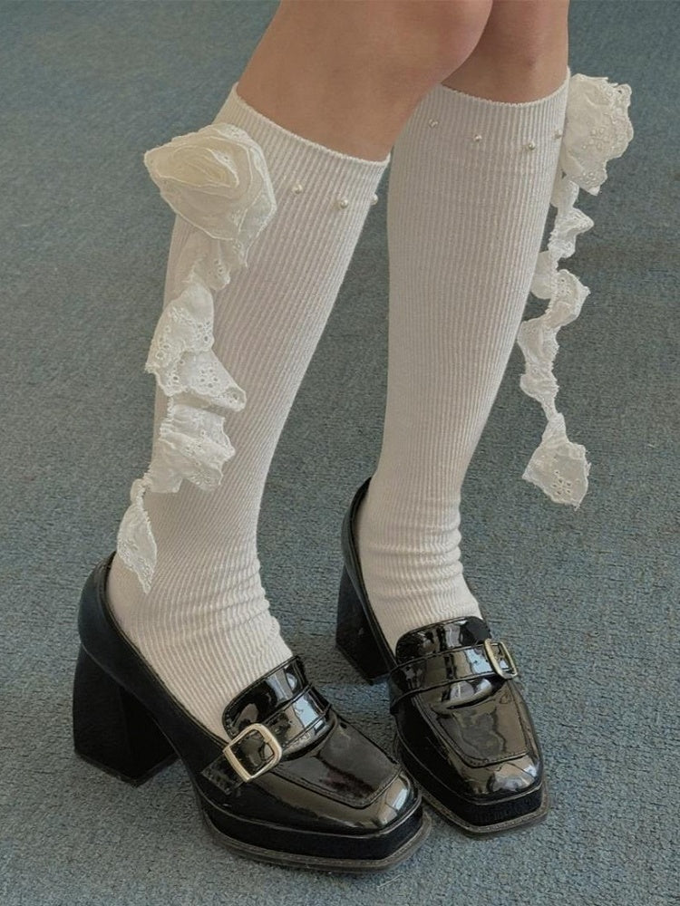 Socks White Lace Flower Details Bead Calf