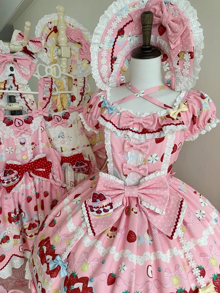 Kuchen Erdbeere Rosa Druck Ein Kurzes Süßes Stück Lolita Niedliche Kleid Ärmel