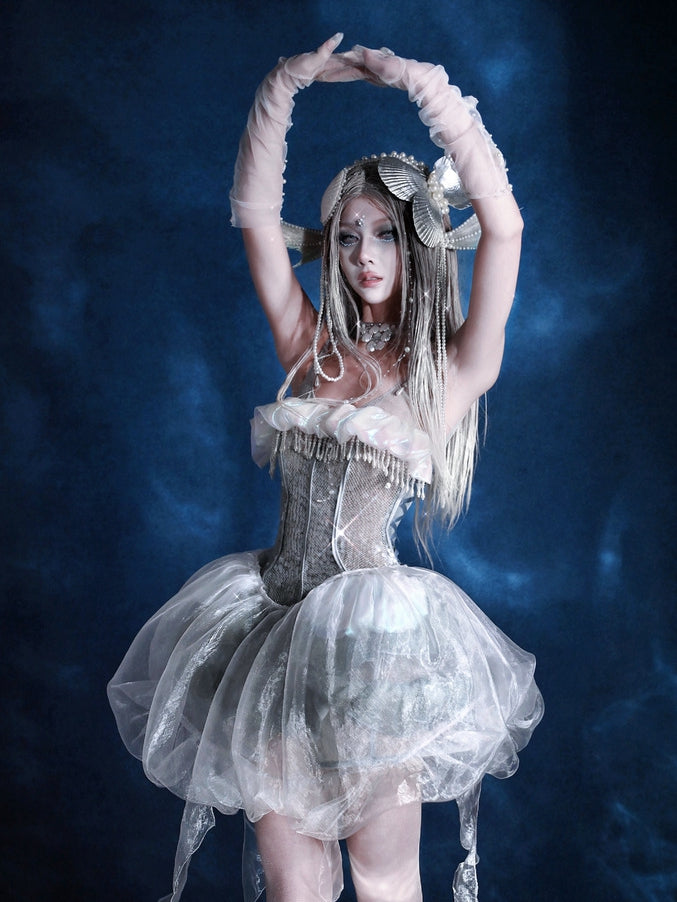 Pailletten Vogelkäfig + Quallen Kleid Overlay Korsett Stäbchen Saum Design Glänzend