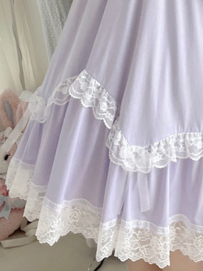 Cups with Padded Purple Ruched Waist and Lace-Trimmed Long/Short Sleeves Dress