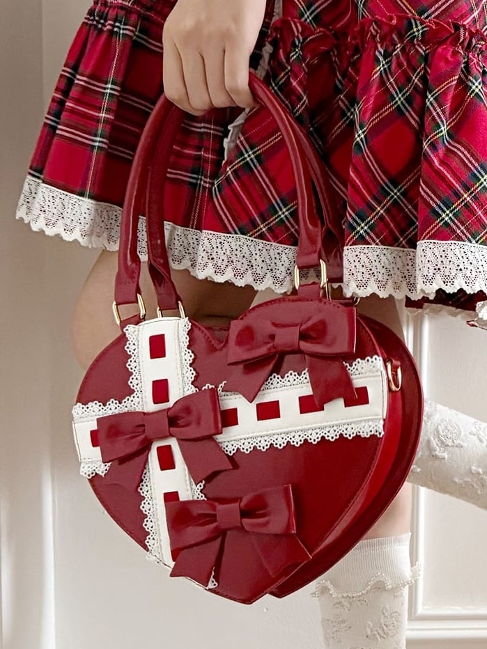 Lolita-Stil Kreuz Linear Details Bowknot mit und Hand Design Abstrakte Rote Tasche Herzförmig
