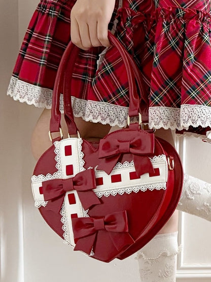 Lolita-Stil Kreuz Linear Details Bowknot mit und Hand Design Abstrakte Rote Tasche Herzförmig