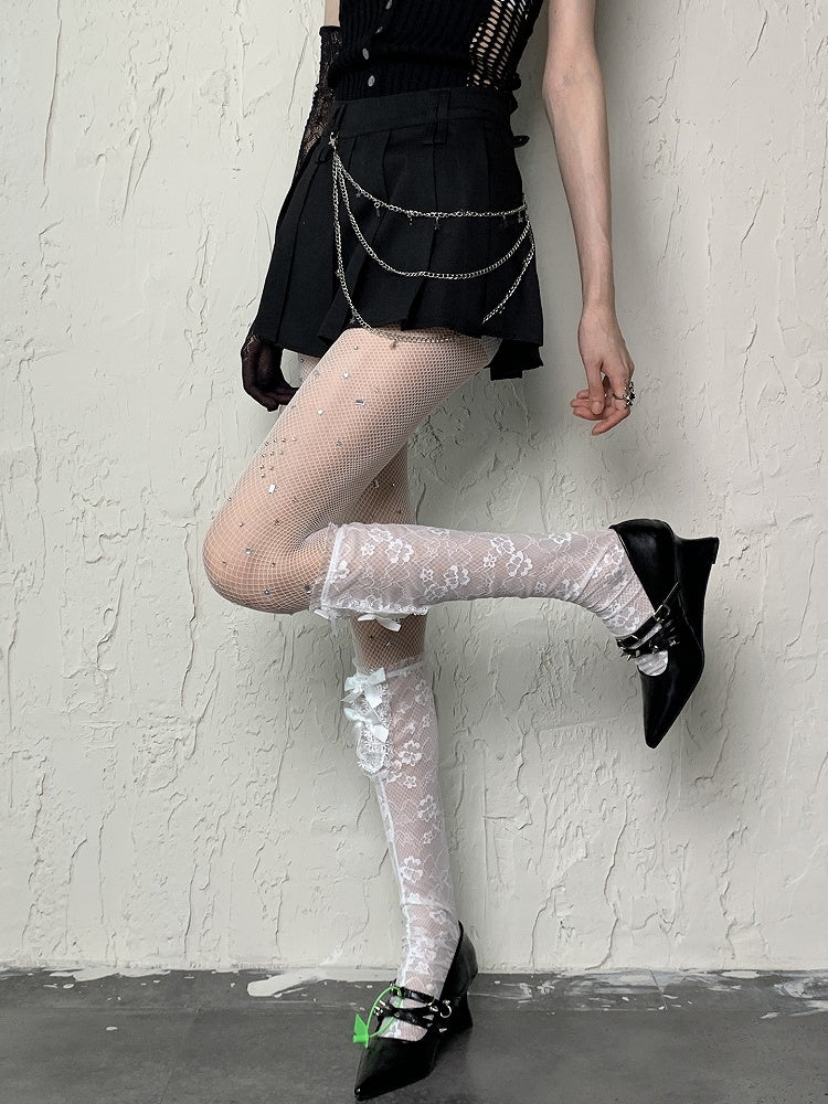 Pattern Floral Stockings Underknee Semi-sheer Details Bowknot White Y2K