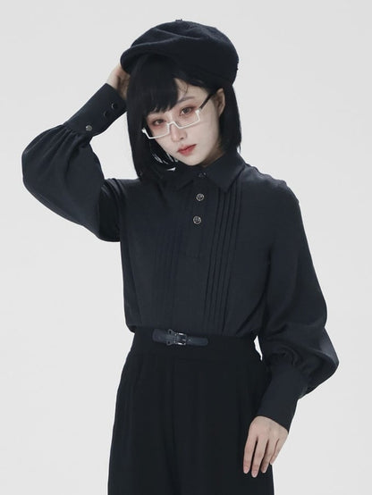 Front - Shirt Pleat Button Unisex Prince Sleeves Elegant Details Style Leg-of-Mutton with Black