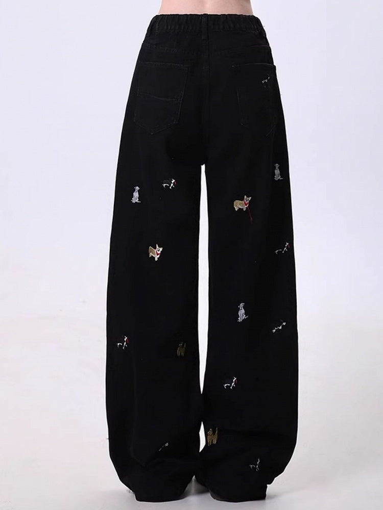 Embroidered Design Black/Blue Straight-Leg Jeans Dog