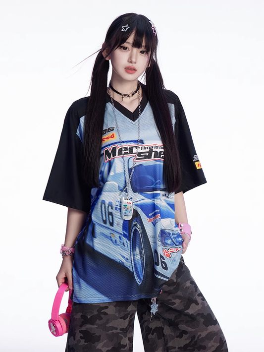 Blau Schwarz und T-Shirt Colorblock V-Ausschnitt Racing Print Loses Design