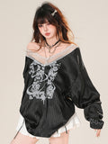 Striped Bittersweet Trim Glamorous Black Core Long Sleeves Top Blokette Print Floral Lace