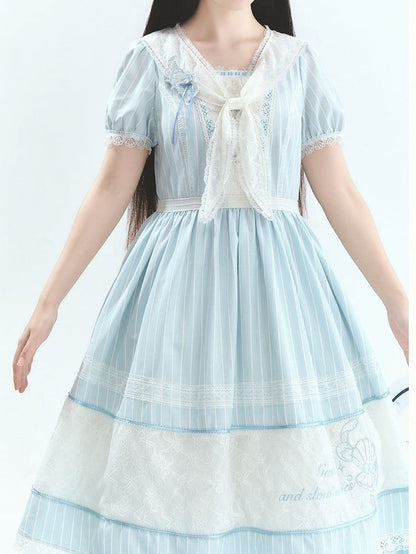 Blue Striped Lace OP with Bow Tie - Liz Bird