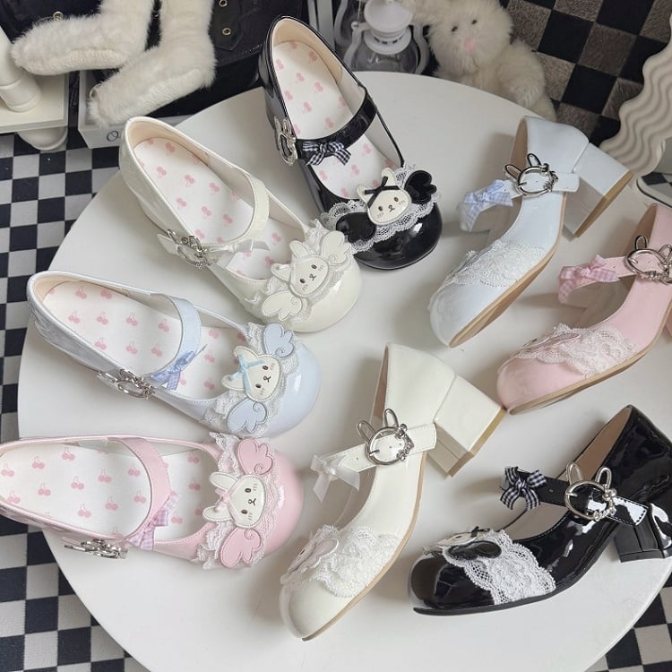 Wings Motif Decor Sweet Rabbit Lolita Black Bunny Themed Shoes with