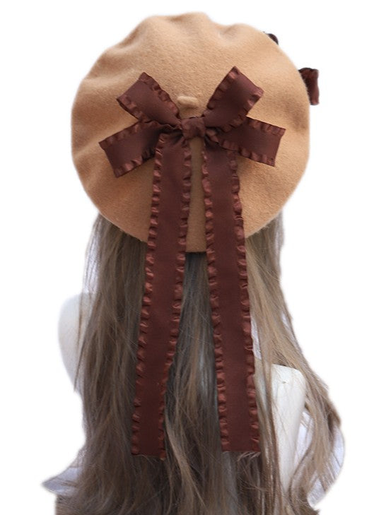 Beret Sweet Ribbon Long Bow Camel Lolita