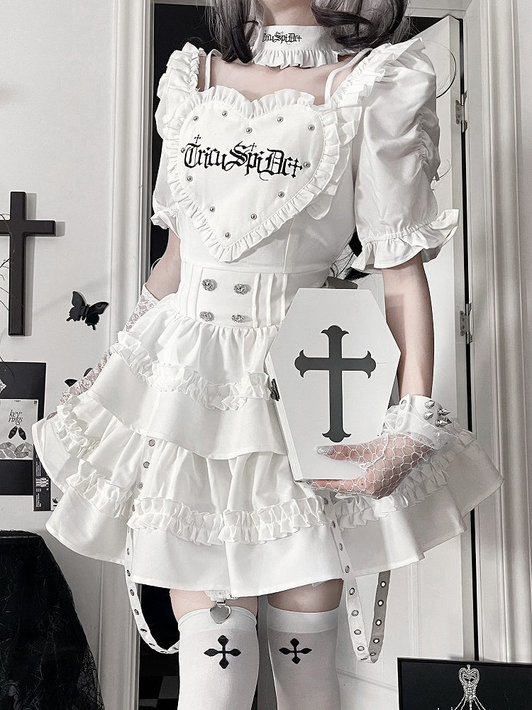 White Dress Heart Patch Gothic Layered Puff Sleeve with Skirt Short Ruffle