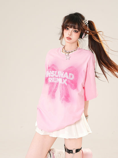 Pink Round Neck Big T-Shirt Bow Print Loose