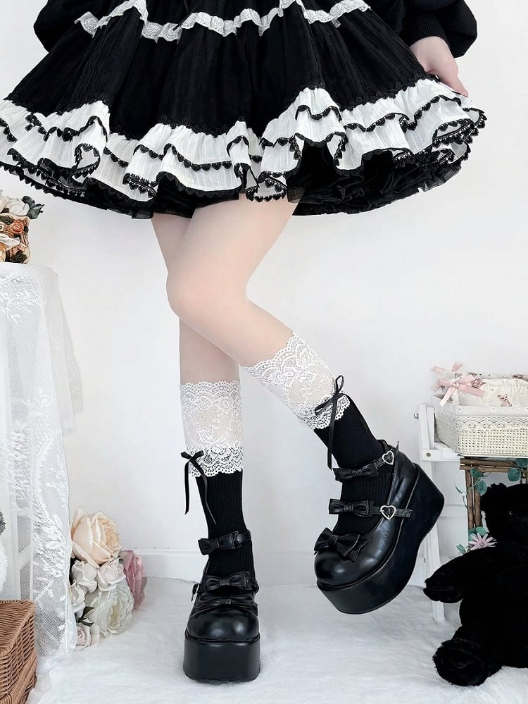 Bow-Embellished Ankle Socks with Contrast Lace Trim - Milkcat Studio