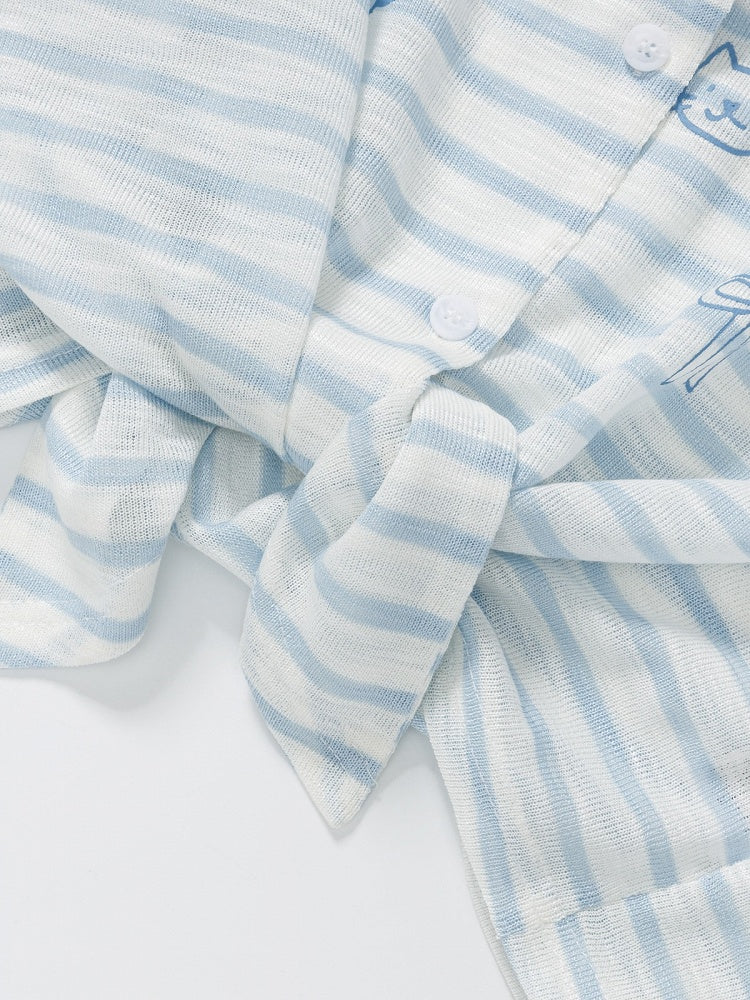 Blue Striped V-Neck Long-Sleeve Top with Animal Print - Languid Park