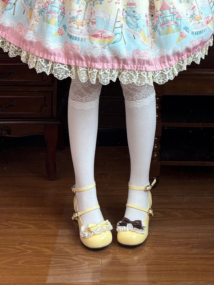 in Brown at Lace Lolita Trim Round Mid Toe Bow PU Top. Heel Heels Pudding Sweet Yellow