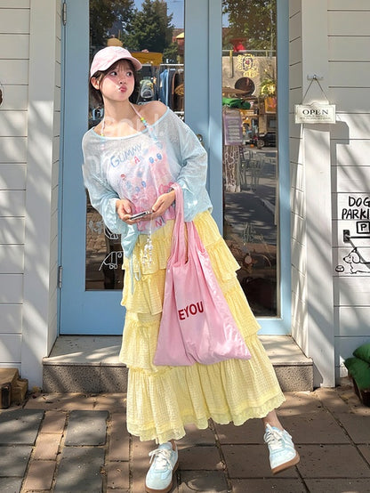 ブルー/ピンクのキュートなセミシースルーヘムの漫画プリントドローストリングトップス