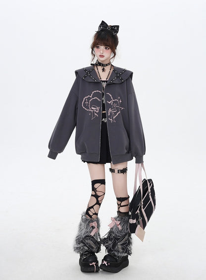 Pink/Gray Sailor Collar Zipper Closure Printed Jacket