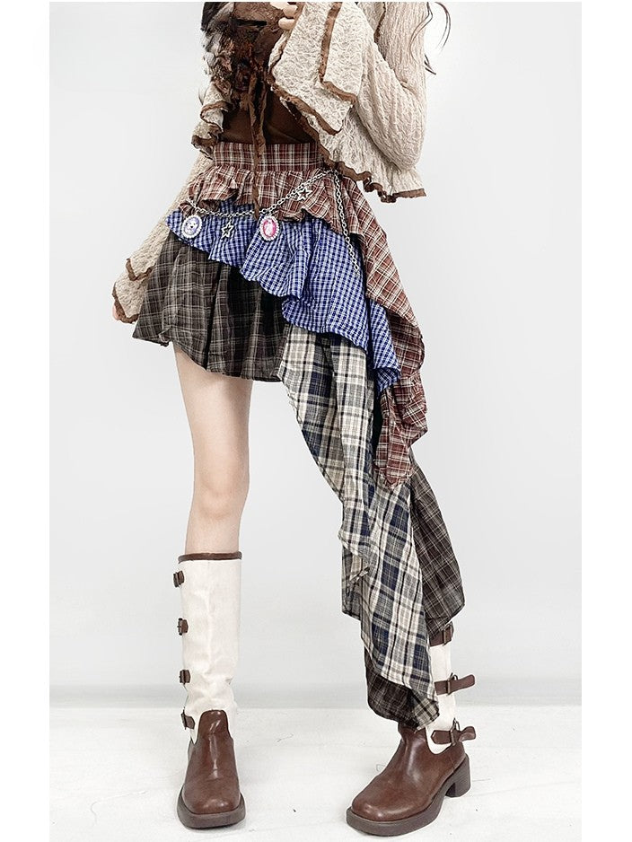 ミラードチェック柄ブラウンスカート ティアードファッション アシンメトリーヘムパターン