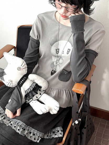 Two-piece Top Daily Thumbhole Gray Print Cuffs Long Sleeve with Bear Kawaii