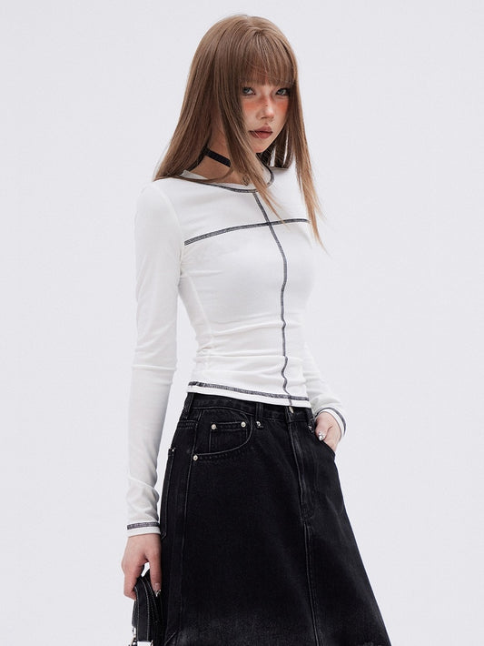 White/Black  Round Neck Long Sleeves T-shirt