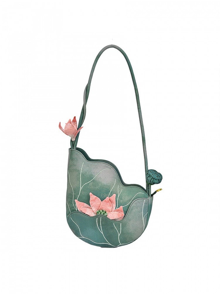 Embroidered Lotus Bag Pink Green - Miss Cat