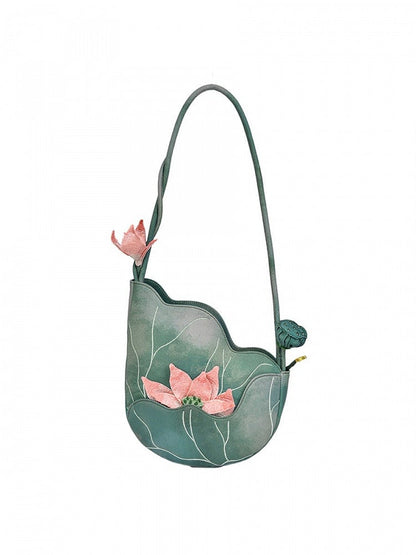Embroidered Lotus Bag Pink Green - Miss Cat
