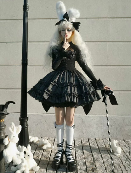 Black and Gray Fake Two-piece Bolero Top Dark Gothic Lolita Striped Dress
