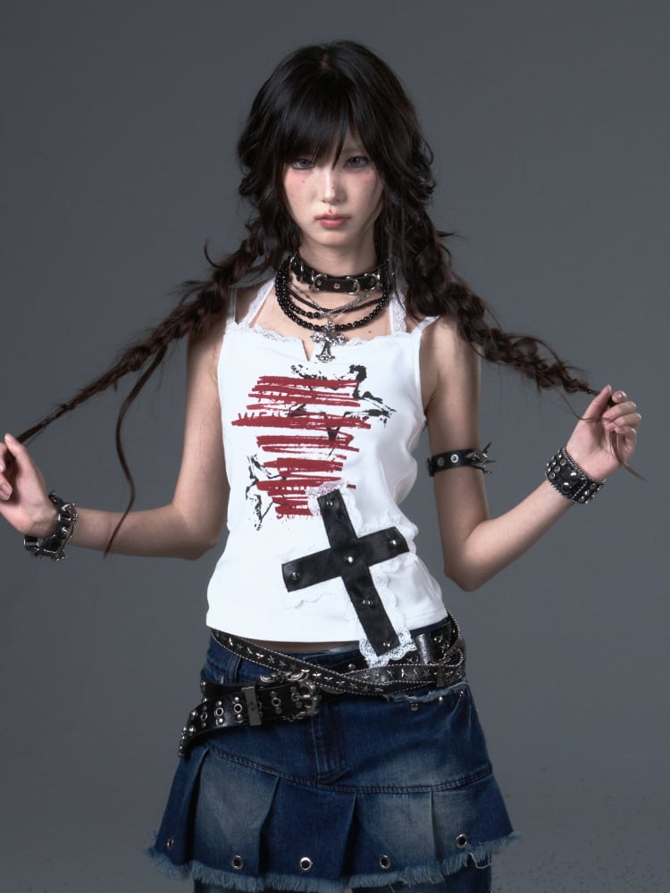 White Punk Star Graffiti Cami with Lace  Studded Cross Top