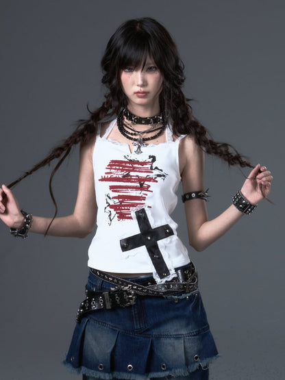 White Punk Star Graffiti Cami with Lace  Studded Cross Top