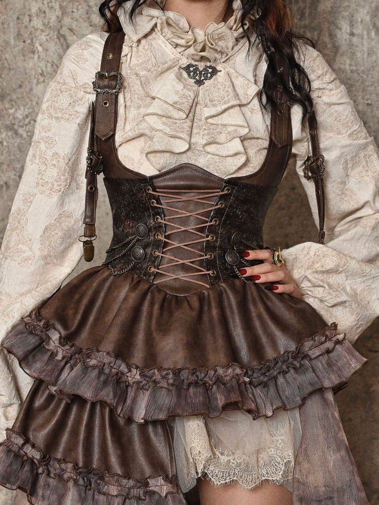 Braunes Steampunk-Overallkleid im Westernstil mit abnehmbarer Schleppe
