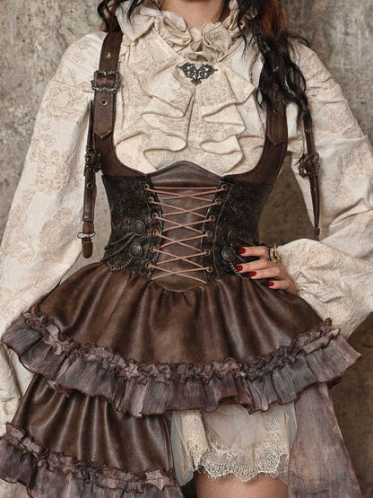Braunes Steampunk-Overallkleid im Westernstil mit abnehmbarer Schleppe