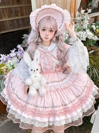 with Strawberry Pink Lolita Delight Ruffles Bonnet Lace