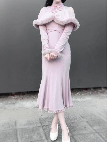 Kei Style Trim Innocent with Pink/Black Shoulder Fuzzy in Mermaid Dress: Jirai Knit Open Elegant