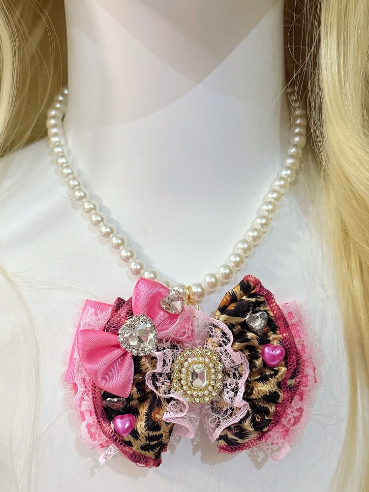 Rhinestone Pink Bowknot Leopard Beaded Necklace Pendant Decorated Heart Pattern
