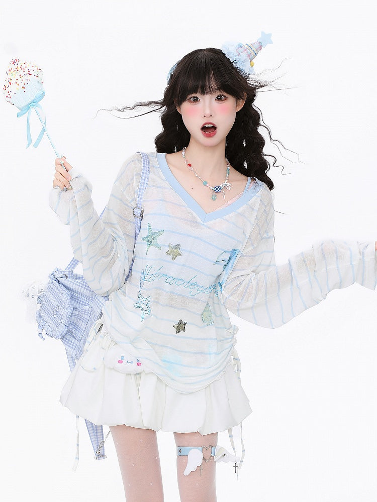 Print with Semi-Sheer Striped White Top Long-Sleeve Oceanic