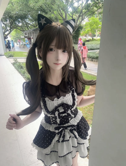 Black and White Polka Dot Elegant Halter Neck Dress / Black Peter Pan Collar Semi-Sheer Tulle Blouse