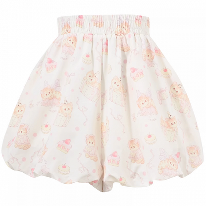Bubble Shorts Waist Print Beige Elastic Allover Kitty