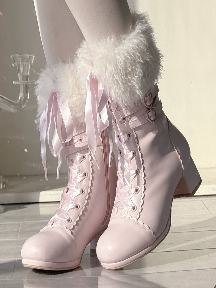 PU Bow Opening with Lolita System Sakura Ornate Boots Plush Pink Triple Boot in Mid-heel Fastening Elegant