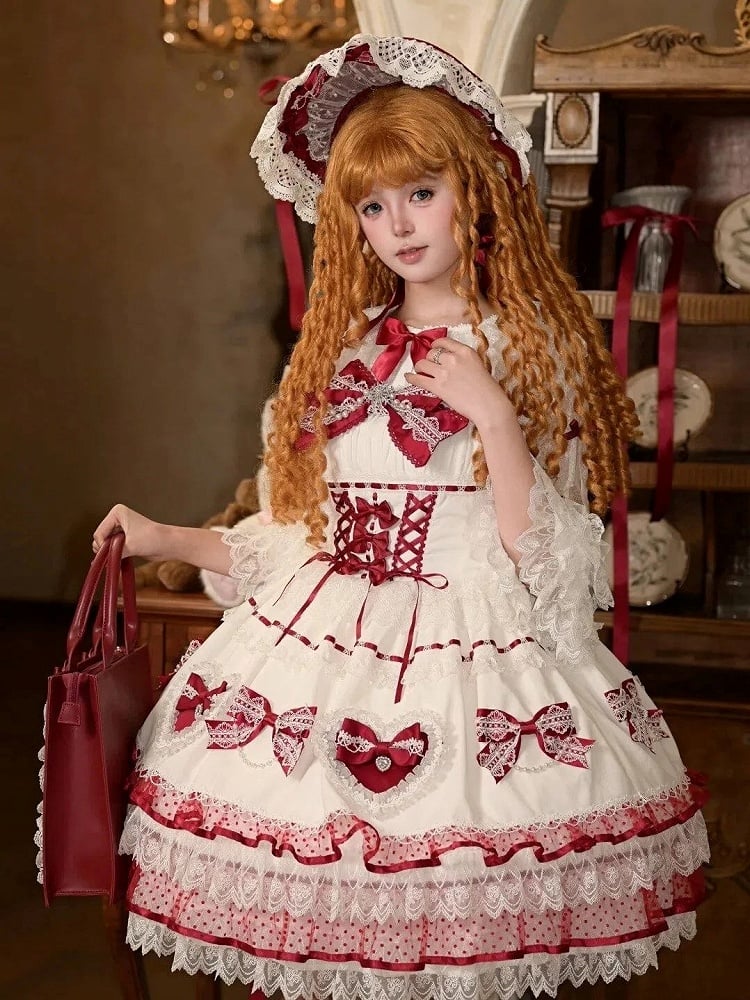 Heart Dress Red JSK Wine Bow with Sweet Appliques Accents Lolita